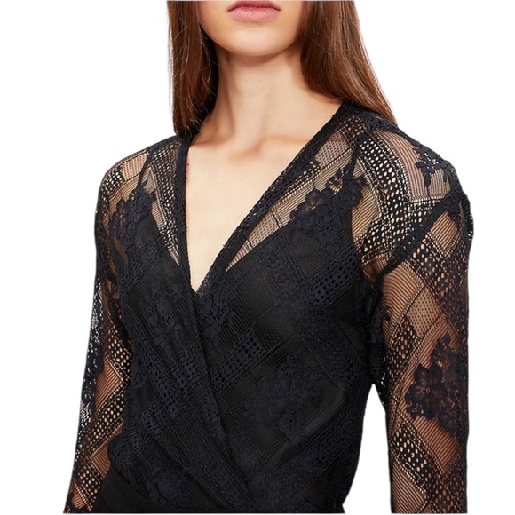 Maje Black Lace Jumpsuit with Sheer Sleeves xs straight leg cropped fairycore - Picture 2 of 7